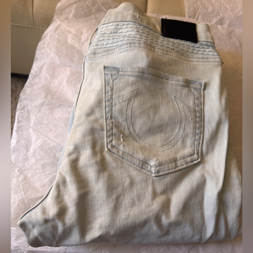 RARE TRUE RELIGION HALLE MID RISE SUPER SKINNY MOTO DENIM LIGHT BLUE JEANS SZ 29